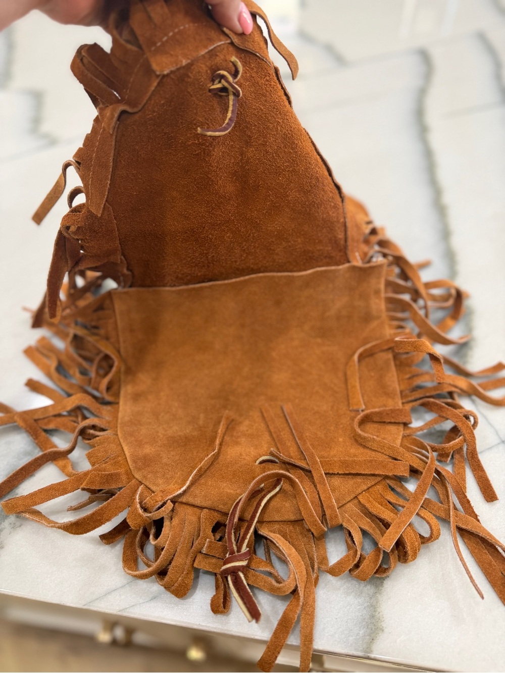 Vintage Suede Fringe Crossbody Bag - Tan - Picture 2 of 5